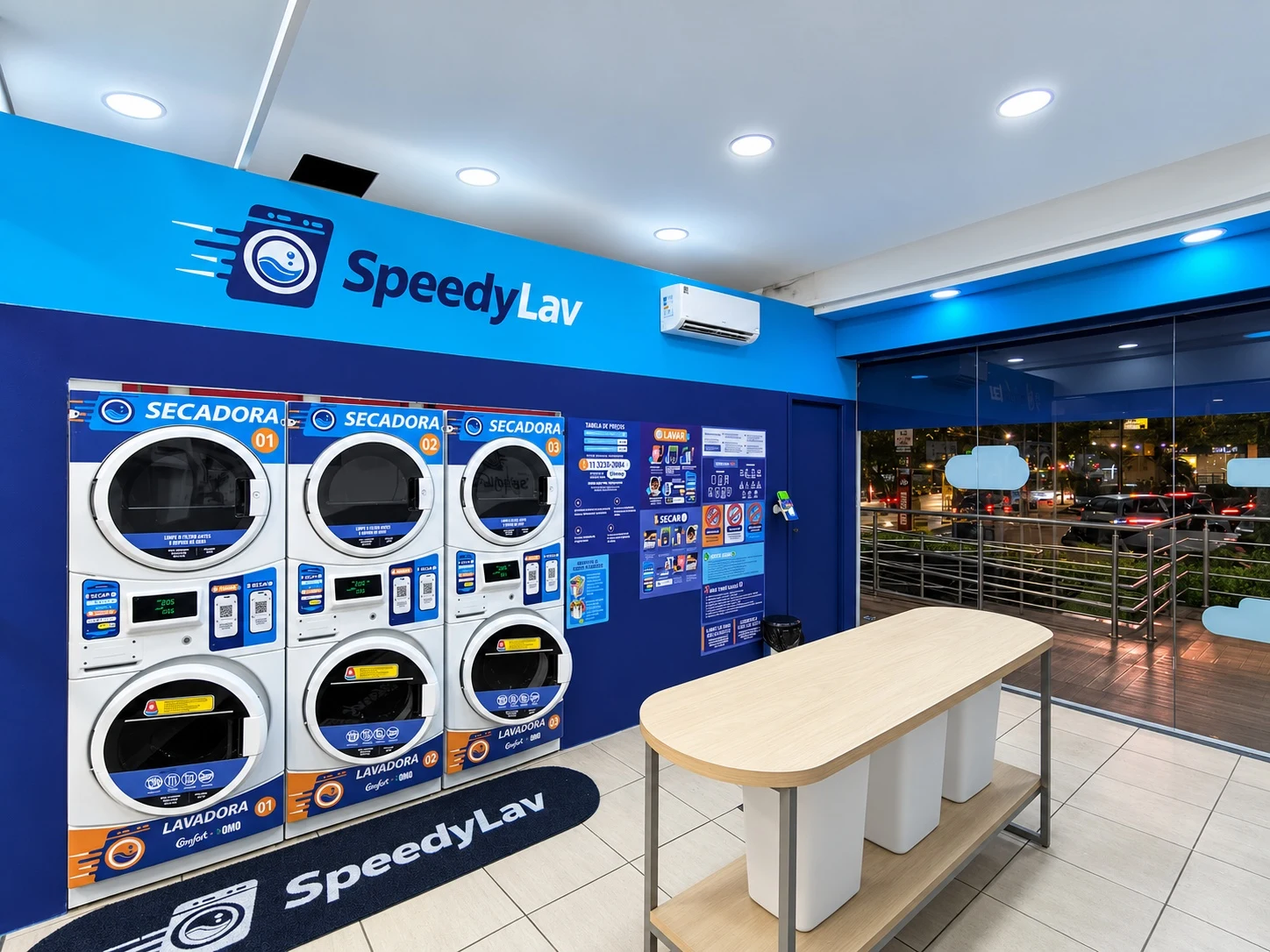 Interior da SpeedyLav Bertioga, com máquinas brancas, identificação azul e bancada de apoio