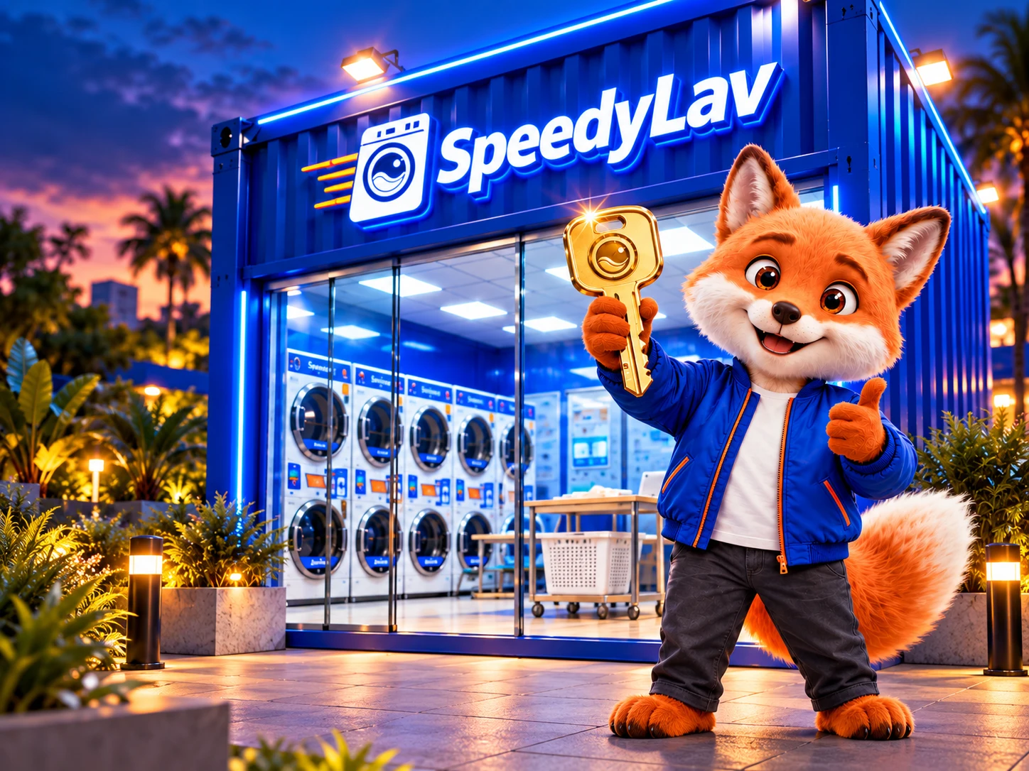 FOX com a chave dourada na entrada de uma SpeedyLav